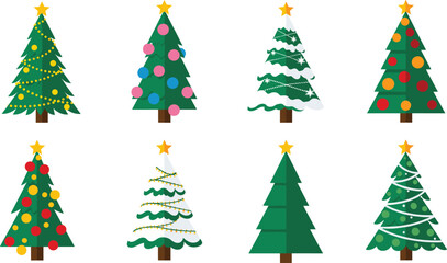 Collection of Eight Unique Christmas Trees Featuring Ornaments, Garlands, Snow, and Stars for Festive Holiday Season Vector Design