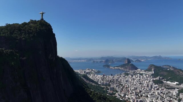 Christ the Redeemer with Rio de Janeiro landscape - Aerial Drone View