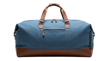 Blue canvas duffel bag with brown leather accents travel bag