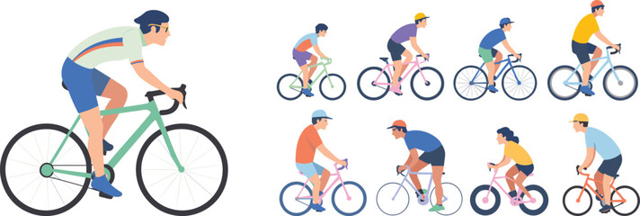Cyclists in colorful outfits and riding styles, diverse bicycle types and postures, urban commuting vector illustration set