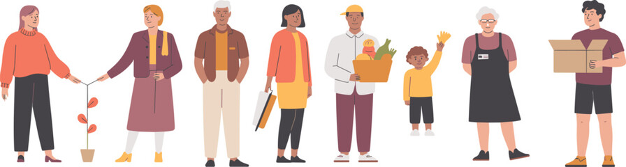 Diverse community people in casual outfits with plants, groceries, books, boxes, and gestures vector illustration set