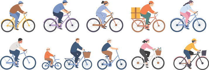 Diverse cyclists riding colorful bicycles with baskets, packages, flowers, child and adult riders vector transportation illustration set