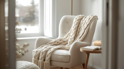 Luxury home interior design with white comfortable chair and sofa near a window