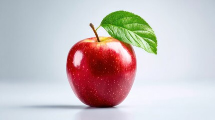 Shiny red apple with green leaf
