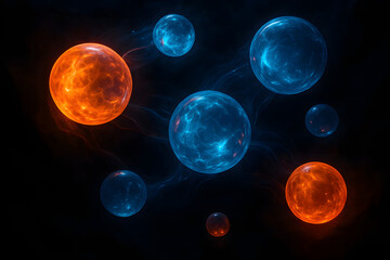 Fototapeta premium Cosmic Orbs in Nebula: A celestial arrangement of vibrant orange and glowing blue orbs drift in the darkness of space, interconnected by ethereal tendrils.