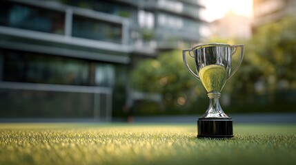 Shiny tennis trophy on green field