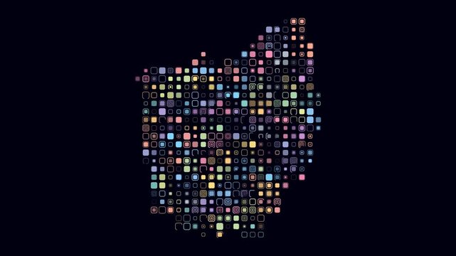 Ohio animated shape. Pulsating colored dots on the map of the state. Large size rounded square blocks. Digital style Ohio map on dark background. Abstract animation video.