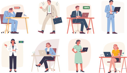 Office professionals with battery icons showing energy levels, emotional states, productivity and tech interaction vector illustration set