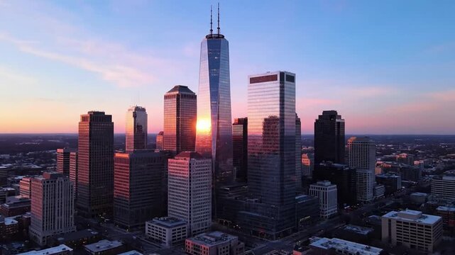City Skyline at Dawn with aerial close up view of effect city skyline style featuring city skyline, aerial footage, urban landscape,