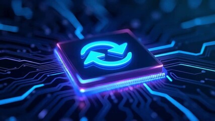 Refresh system technology chip with digital update icon on futuristic circuit board representing data sync, software upgrade, automation process and modern tech innovation video - Powered by Adobe