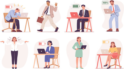 Office worker energy levels with battery icons, burnout and productivity states, workplace emotion and engagement vector illustration set