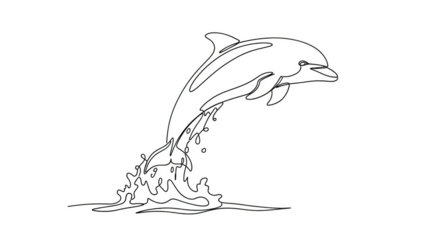 White outline of dolphin leaping from water on black background jumping splash