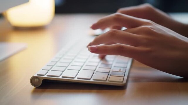 Close-up side view of female hands typing on a wireless white computer keyboard on a wooden desk, depicting office work, blogging, or coding with a blurred background.