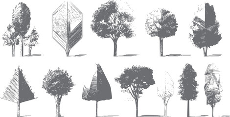 Collection of ten diverse grey sketched trees with varied foliage and trunk styles on a white background