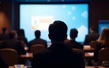 Back view of audience in the conference hall or seminar meeting with large media screen showing video presentation, business and education concept. High quality