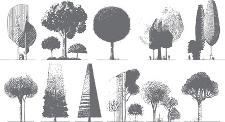 Fototapeta premium Collection of diverse hand-drawn grey trees and shrubs with varied textures and shapes on a white background