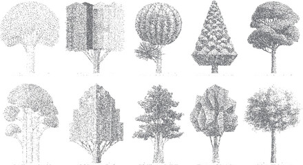 Ten different styles of trees rendered in a stippled grey ink drawing on a white background nature plant