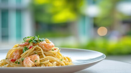 Shrimp pasta dish on plate with focus