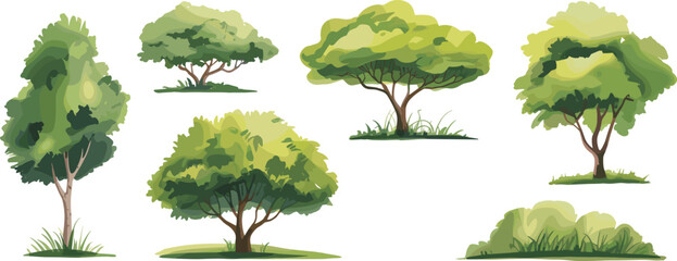 Stylized trees and shrubs with varied shapes, foliage patterns, and greenery shades, landscape design vector illustration set