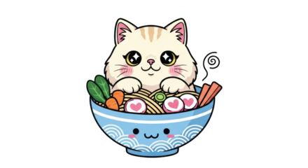 Kawaii cat in a bowl of ramen noodles kitten food