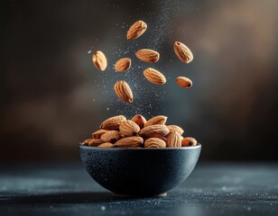 Close-up of almonds falling into a dark bowl with dust particles visible