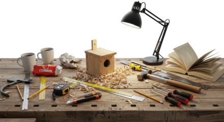 Wooden Birdhouse Crafting Scene with Tools and Books woodworking