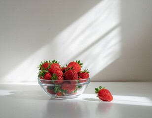 Fresh ripe strawberries in a glass bowl with soft natural light on a clean white background
