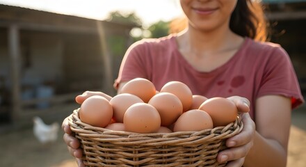 Woman Holding Basket of Freshly Gathered Organic Brown Eggs