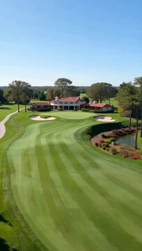 Aerial Drone Footage Flying Over a Beautiful Green Golf Course Fairway.