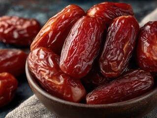 Delicious dates in a rustic bowl on dark textured background  