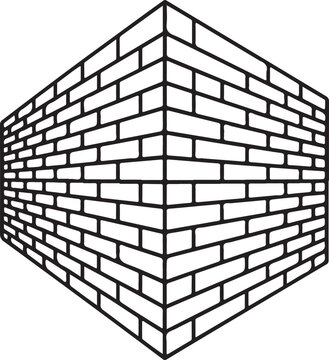 Geometric perspective drawing of a brick wall in outline on a white background bricks