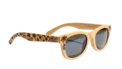 Wooden Sunglasses with Palm Tree and Wave Engraving on Black Background bamboo eyewear