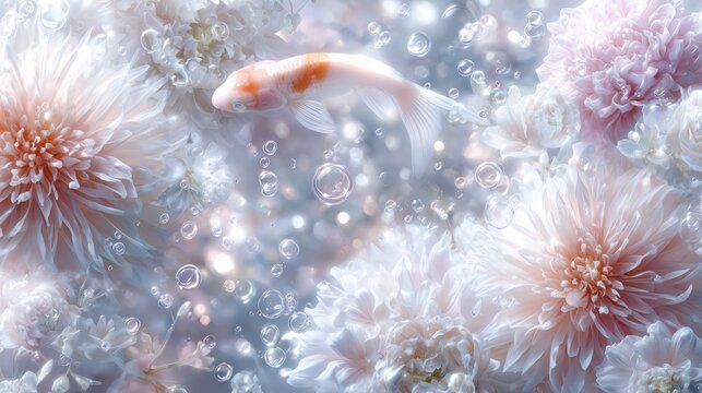 Koi fish swimming among white and pink flowers with bubbles, ethereal underwater scene - Powered by Adobe