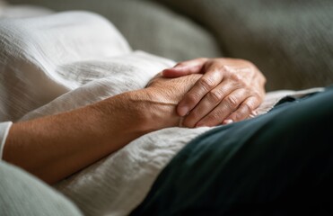 Elderly woman resting hands peacefully on stomach