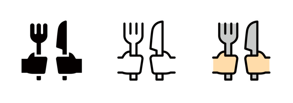 A hand holding a fork and knife. A logo-style icon representing menus, restaurants, and cuisine.