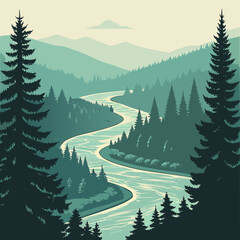 Serene winding river through a lush pine forest landscape © mdshahariar