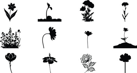Collection of minimalist black and white floral silhouettes arranged in a grid pattern