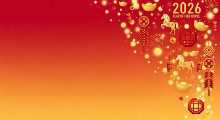 Illustration for Lunar New Year 2026, year of fier horse, with symbolic gold ingot, horse, firecracker, light, and octagonal decoration, celebration concept