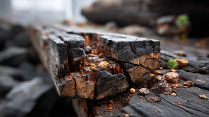 Fototapeta premium Burned wood surface with black cracks reveals a mesmerizing dance of glowing embers and charred textures. The close-up captures the intricate patterns formed by fire's passage.