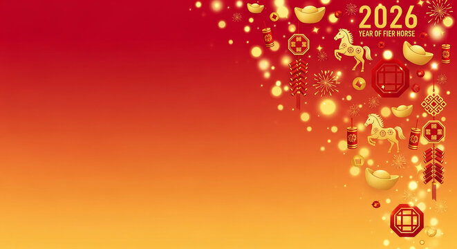 Illustration for Lunar New Year 2026, year of fier horse, with symbolic gold ingot, horse, firecracker, light, and octagonal decoration, celebration concept