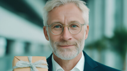 A smiling senior businessman holding a wrapped gift box