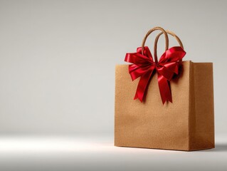 Brown gift bag with red ribbon bow on neutral background  