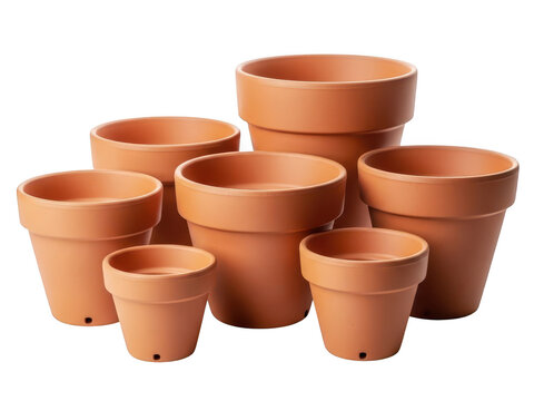Terracotta clay flower pots of various sizes isolated on transparent background