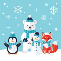 Fototapeta premium Cute flat design illustration of a polar bear, penguin, fox, and snowman celebrating the winter season.