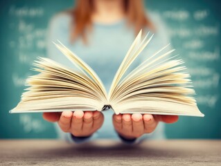 Young woman holding open book in classroom with chalkboard background  