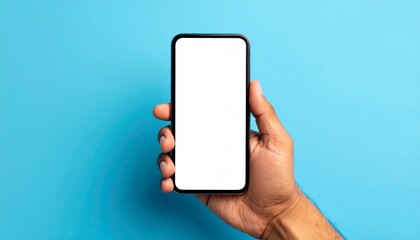 Male Hand Holding Smartphone with Blank Screen on Solid Blue Background, Generated with AI.