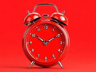Red alarm clock on bright red background showing time  