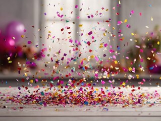 Colorful confetti falling on table with festive background decorations  