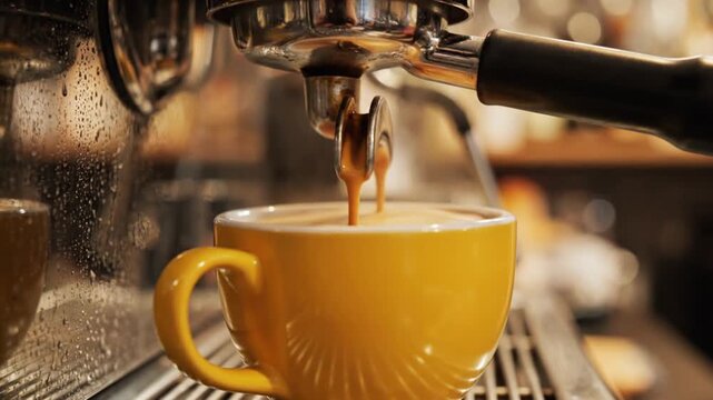 Espresso Machine Pouring Coffee into Yellow Mug