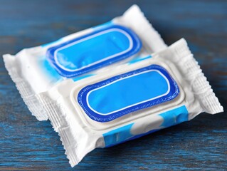 Blue cleaning wipes in plastic packaging on wooden surface  